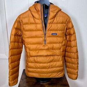 🔥 Patagonia Men’s Hooded Puffer Jacket – Size Small – Tan/Gold – Excellent Cond